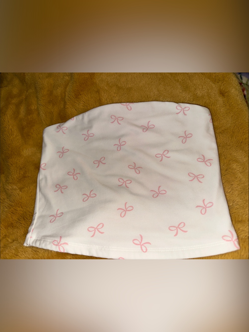 White Strapless Crop Top with Pink Bow Print